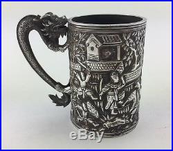 Rare 19thC Antique Chinese Export Silver Wang Hing Scene Dragon Tankard Mug Cup
