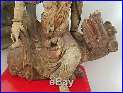 Rare Antique 18th Century Large Chinese Kwan Yin Wooden Seated Buddha with Dragon