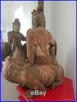 Rare Antique 18th Century Large Chinese Kwan Yin Wooden Seated Buddha with Dragon