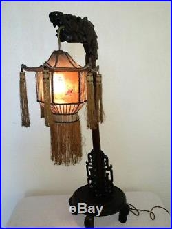 Rare Antique 1920's Chinese Exotic Wood Carved Dragon Lamp Light Original Works