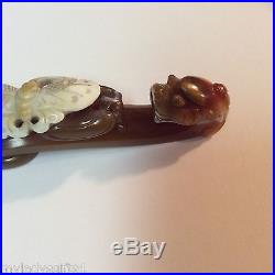 Rare Antique BiColored Carved Chinese Agate Garment Hook / Belt / Buckle Dragon