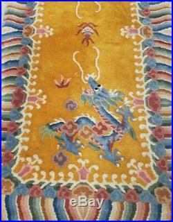 Rare Antique Chinese Art Deco Two Dragon Area Rug Size 30'' x 50