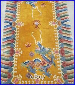 Rare Antique Chinese Art Deco Two Dragon Area Rug Size 30'' x 50