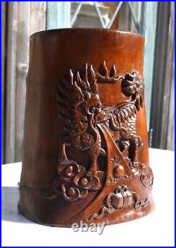Rare Antique Chinese Bamboo Carved Brush Pot China Dragon