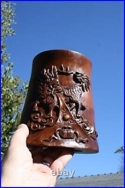 Rare Antique Chinese Bamboo Carved Brush Pot China Dragon