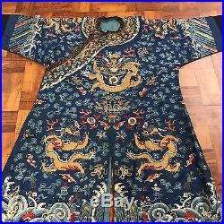 Rare Antique Chinese Silk Imperial Blue Dragon Robe 9 Dragons Qing Embroidery