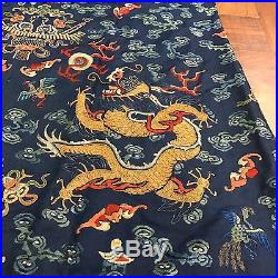 Rare Antique Chinese Silk Imperial Blue Dragon Robe 9 Dragons Qing Embroidery
