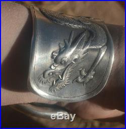 Rare Antique Chinese Silver Export Dragon Wide Bracelet Cuff Victorian Statement