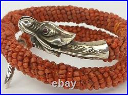 Rare Antique Chinese Sterling Silver & Natural Coral Dragon Bangle Bracelet