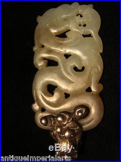 Rare Antique Chinese jade pendant finial dragon celadon white brown carved