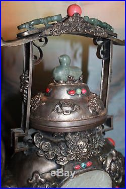 Rare Antique Silver Chinese Mongolian Dragon Immortal Teapot Jade Carved Qing