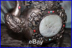 Rare Antique Silver Chinese Mongolian Dragon Immortal Teapot Jade Carved Qing