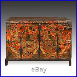 Rare Antique Trunk Painted Pine Iron Dragon Tibet Chinese Furniture 18th C