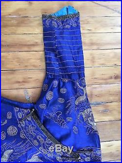 Rare Antique blue silk Chinese dragon robe embroidered gold lamé Asian jacket