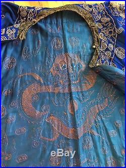 Rare Antique blue silk Chinese dragon robe embroidered gold lamé Asian jacket