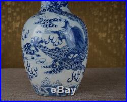 Rare Blue And White Antique Porcelain Vase Dragon Hand Painting Marks Qianlong