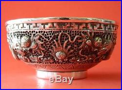 Rare Chinese Antique Solid Silver Reticulated Bowl Double Dragon 265 Grams