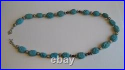 Rare Chinese Dragon Necklace Hand Carved Turquoise, with Silver & Amber Beads