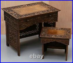 Rare Chinese Export Dragon Carved Small Folding Campaign Desk & Chair Set Childs