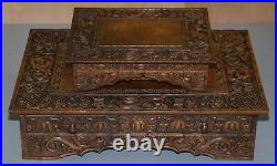 Rare Chinese Export Dragon Carved Small Folding Campaign Desk & Chair Set Childs