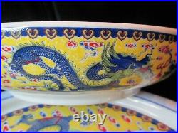 Rare Chinese Export Porcelain Bowl Or Warmer Yellow Blue Dragons LID