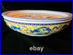 Rare Chinese Export Porcelain Bowl Or Warmer Yellow Blue Dragons LID