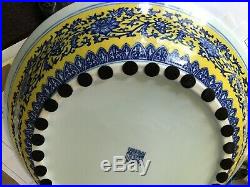 Rare Chinese Fine Porcelain Dish Qianlong Mark Yellow Cobalt Blue Dragon Lotus
