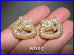 Rare Chinese Han Dy Old Jade Carved 2 Dragon Pei Pendant L 2.3 and 2.5 cm