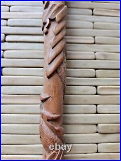 Rare Chinese Hand Carved Wood Cane Wand Detailed Winding Dragon Metal Tip 16.5