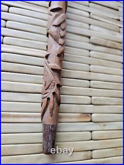 Rare Chinese Hand Carved Wood Cane Wand Detailed Winding Dragon Metal Tip 16.5