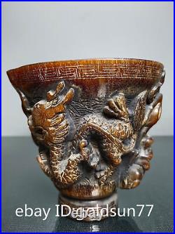 Rare Chinese antiques Handmade Old ox horn dragon pattern ox Horn cup ornament