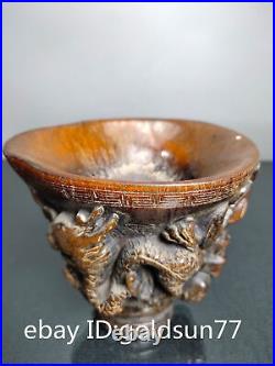 Rare Chinese antiques Handmade Old ox horn dragon pattern ox Horn cup ornament