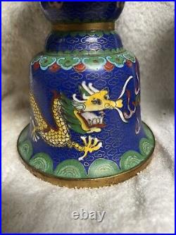 Rare Pair Blue Chinese Cloisonne Altar Candlesticks Candle Holders Yellow Dragon