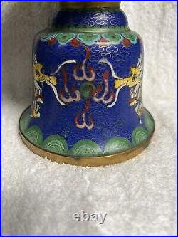 Rare Pair Blue Chinese Cloisonne Altar Candlesticks Candle Holders Yellow Dragon