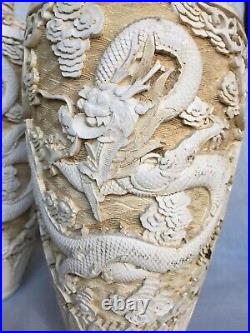 Rare Pair Vintage Chinese Carved Ivory White Cinnabar Style Dragon Design Vases