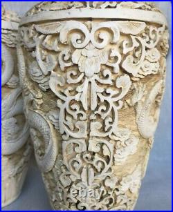 Rare Pair Vintage Chinese Carved Ivory White Cinnabar Style Dragon Design Vases