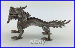 Rare Set of 4 Antique 19thC Chinese Export Silver Wang Hing Menu Holder Dragons