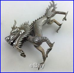 Rare Set of 4 Antique 19thC Chinese Export Silver Wang Hing Menu Holder Dragons