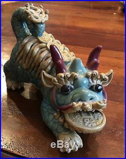 Rare Vintage Chinese Foo Fu Dog Lion Dragon Coin Pottery Figure Crackle Finish
