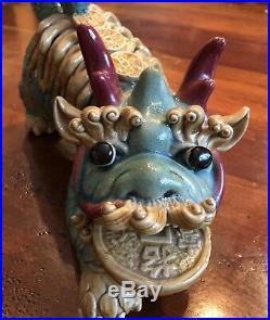 Rare Vintage Chinese Foo Fu Dog Lion Dragon Coin Pottery Figure Crackle Finish