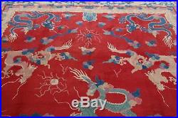 Red Dragons Art Deco Chinese Oriental Area Rug Pictorial Hand-Knotted Red 9x12