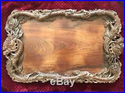Remarkable ANTIQUE Chinese Wood Tray DRAGON carved Signed 24 by 15