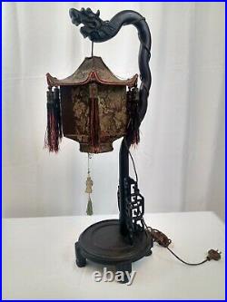 Republic Period Chinese Dragon Tasseled Table Lamp with Covered Wood and Loomed