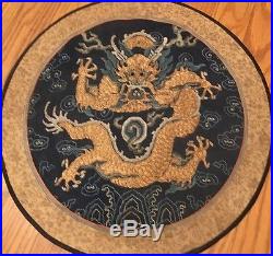 Round Antique Gold Threaded Chinese 5 Claw Dragon Embroidery On Silk