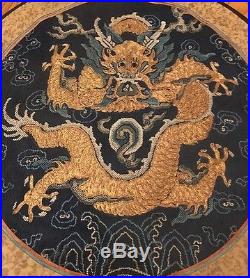 Round Antique Gold Threaded Chinese 5 Claw Dragon Embroidery On Silk