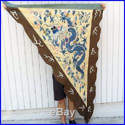SILK BUG-EYED DRAGON OPERA FLAG Antique Qing CHINESE Hand Sewn EMBROIDERY