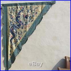 SILK BUG-EYED DRAGON OPERA FLAG Antique Qing CHINESE Hand Sewn EMBROIDERY