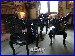 SUPERB 19thc PERIOD ANTIQUE CHINESE DRAGON CARVED TABLE & 4 MATCHING ARMCHAIRS
