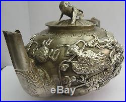 SUPERB ANTIQUE CHINESE EXPORT SILVER DRAGON TEAPOT c. 1900