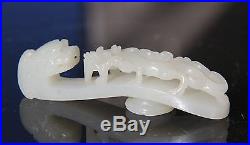 SUPERB ANTIQUE CHINESE WHITE JADE BELT HOOK WITH DRAGON